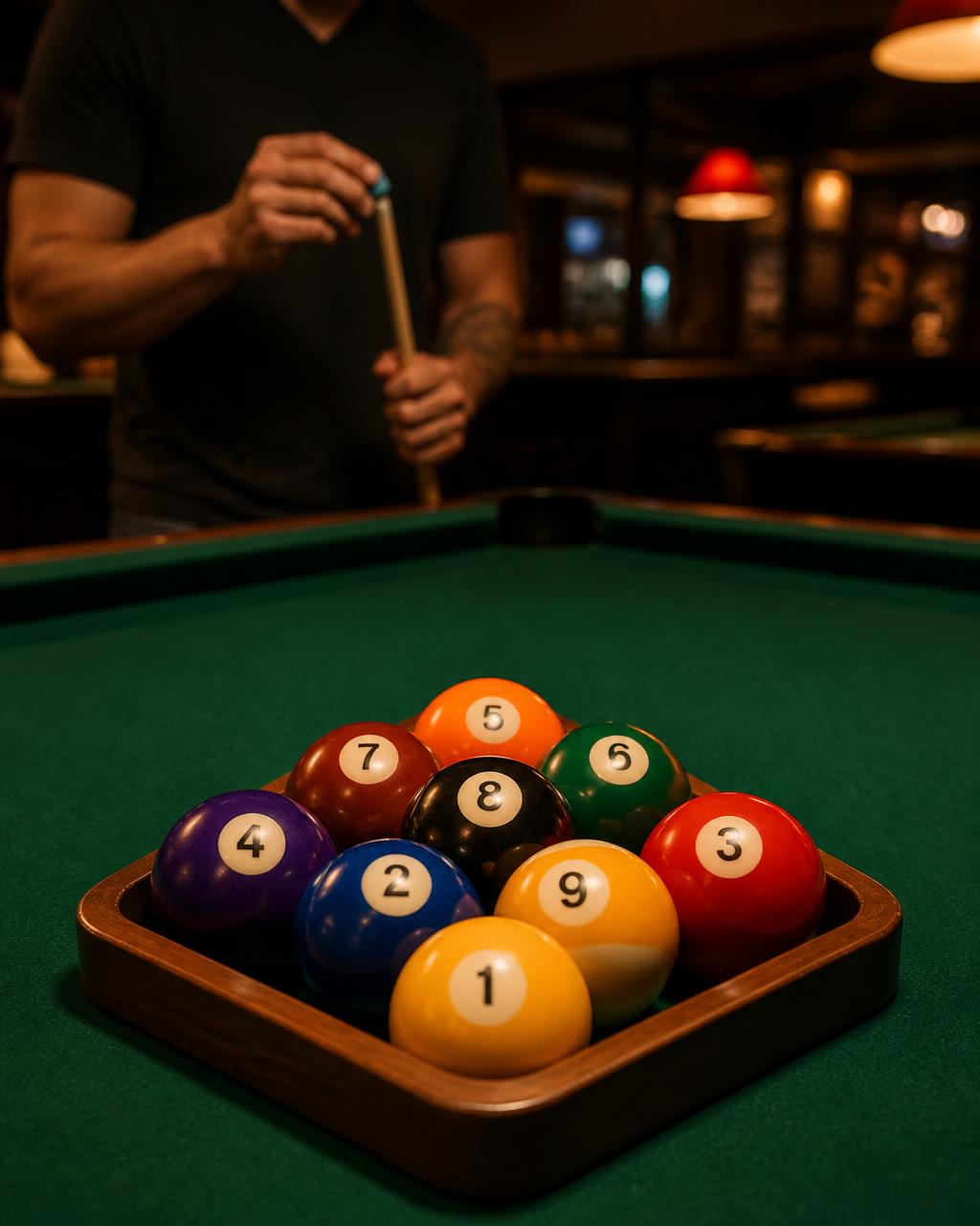 A nine ball rack set on green felt with a player chalking a cue behind it