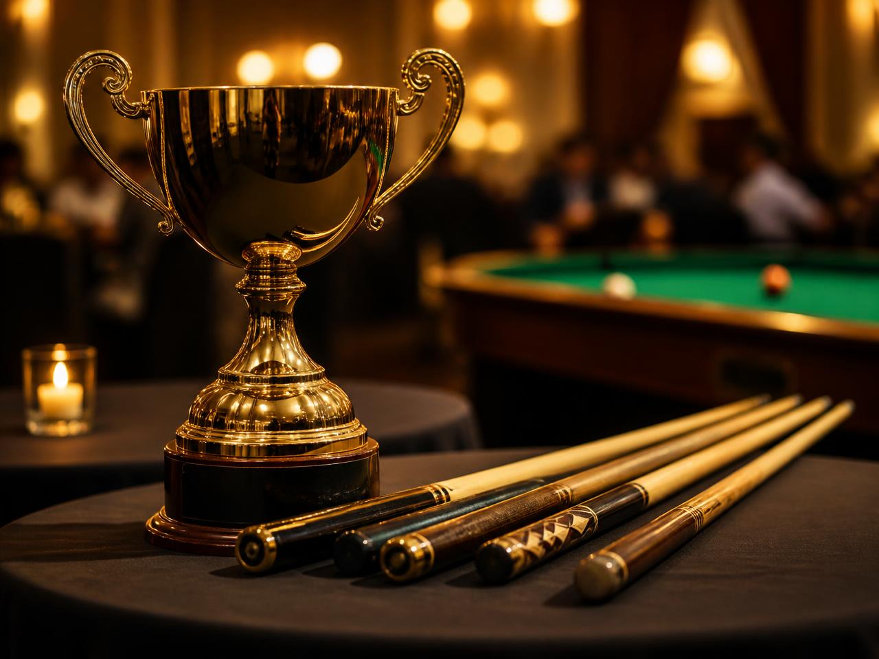 A gold trophy and pool cues on a table at a tournament awards night