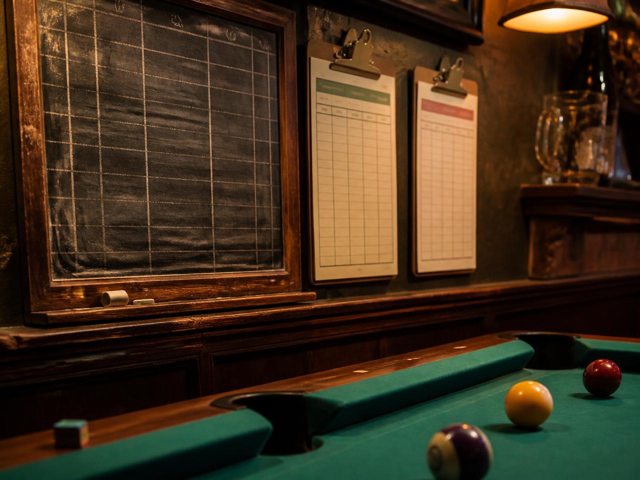 A chalk scoreboard and league score sheets beside a pool table