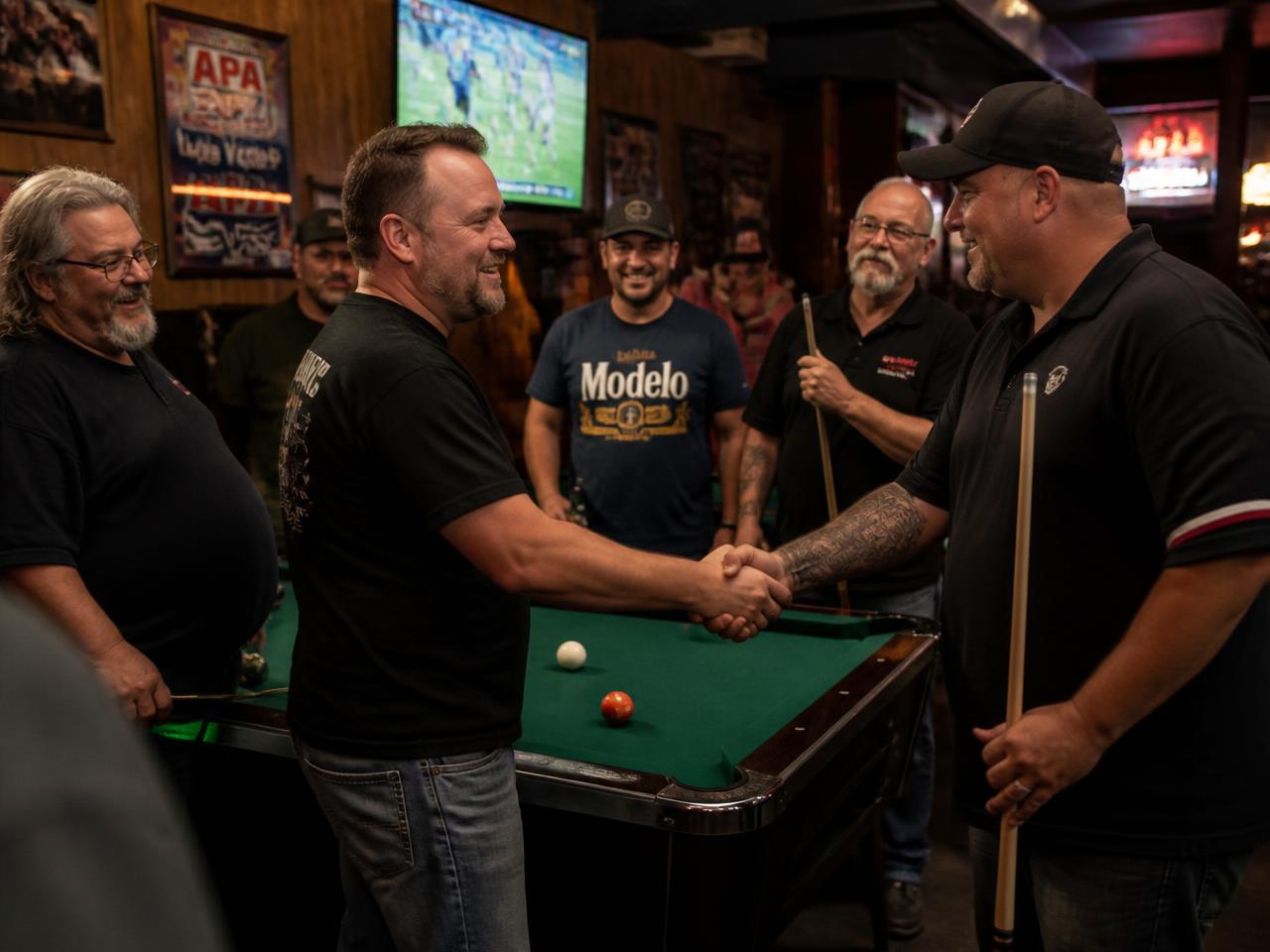 League players shaking hands around a pool table on team night