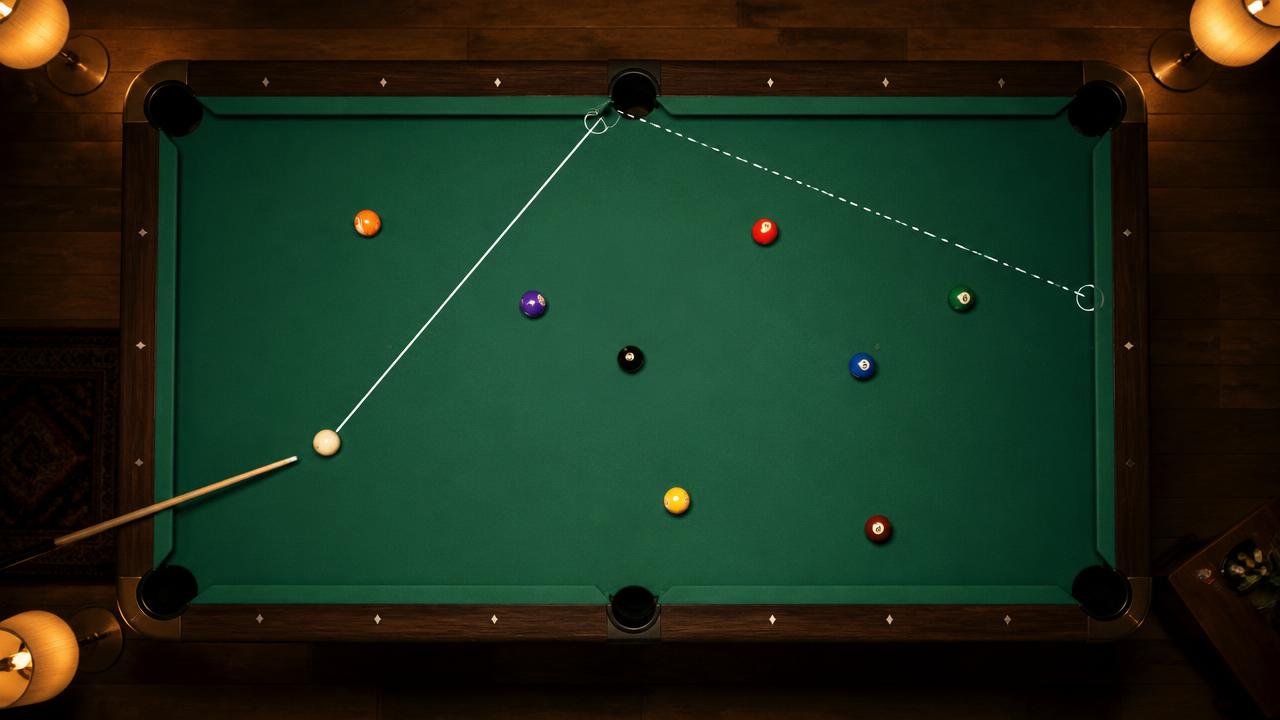 Overhead view of a pool table showing shot angles across the green felt