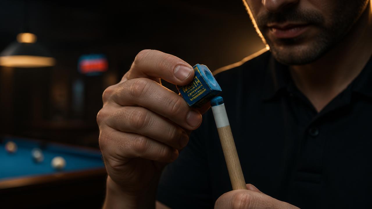 A player chalking the tip of a cue in a dimly lit pool hall